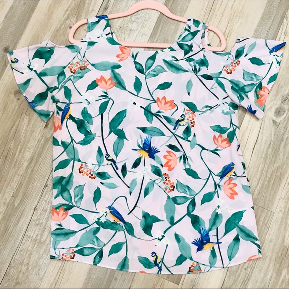 EUC C & E Floral Bird Cold Shoulder Blouse small - Picture 1 of 10